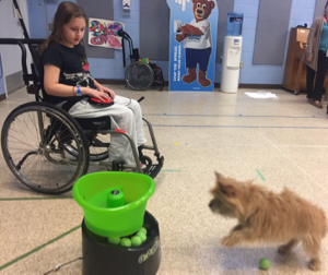 Genevieve has a wonderful time pressing the button on her lap to send balls flying for the little dog.