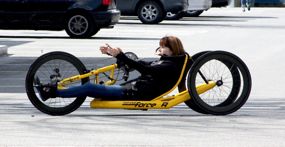 Karen tries out the new brake and gear systems in a UVic parking lot.